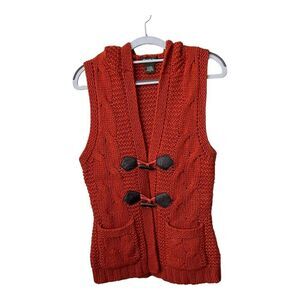 Eddie Bauer Sweater Vest Womens Size Small Chunky Knit Toggle Hooded Orange